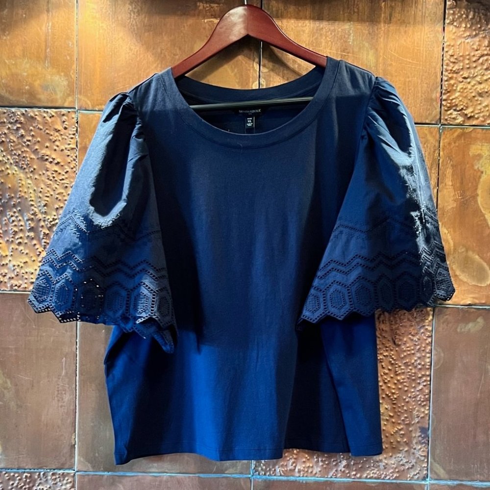 Banana Republic, NWT, Embroidered Sleeve Knit Top * Navy, petite-XL